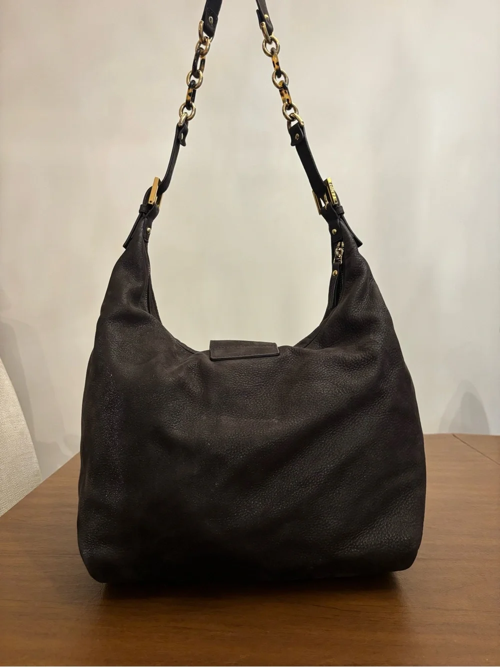Authentic Fendi Large Dark Brown Leather suede Shoulder Bag Decorative Buckle - Picture 4 of 12